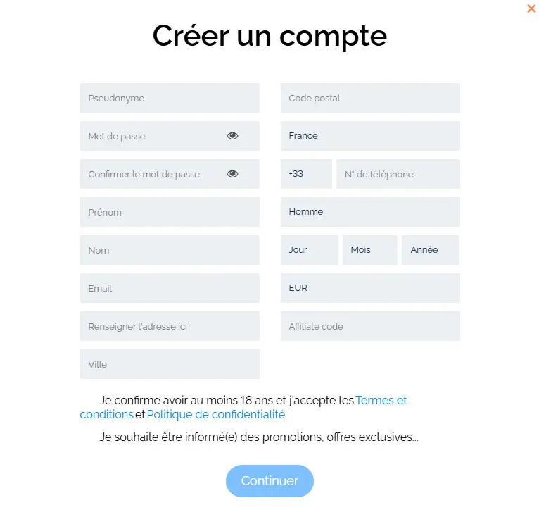 Processus d'inscription EUROMOON CASINO